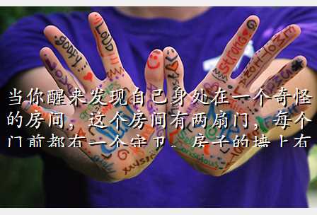 当你醒来发现自己身处在一个奇怪的房间,这个房间有两扇门,每个门前都有一个守卫。房子的墙上有一则提示